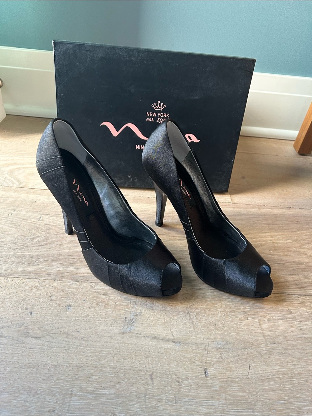 Nina Black Satin Peep-Toe Pumps